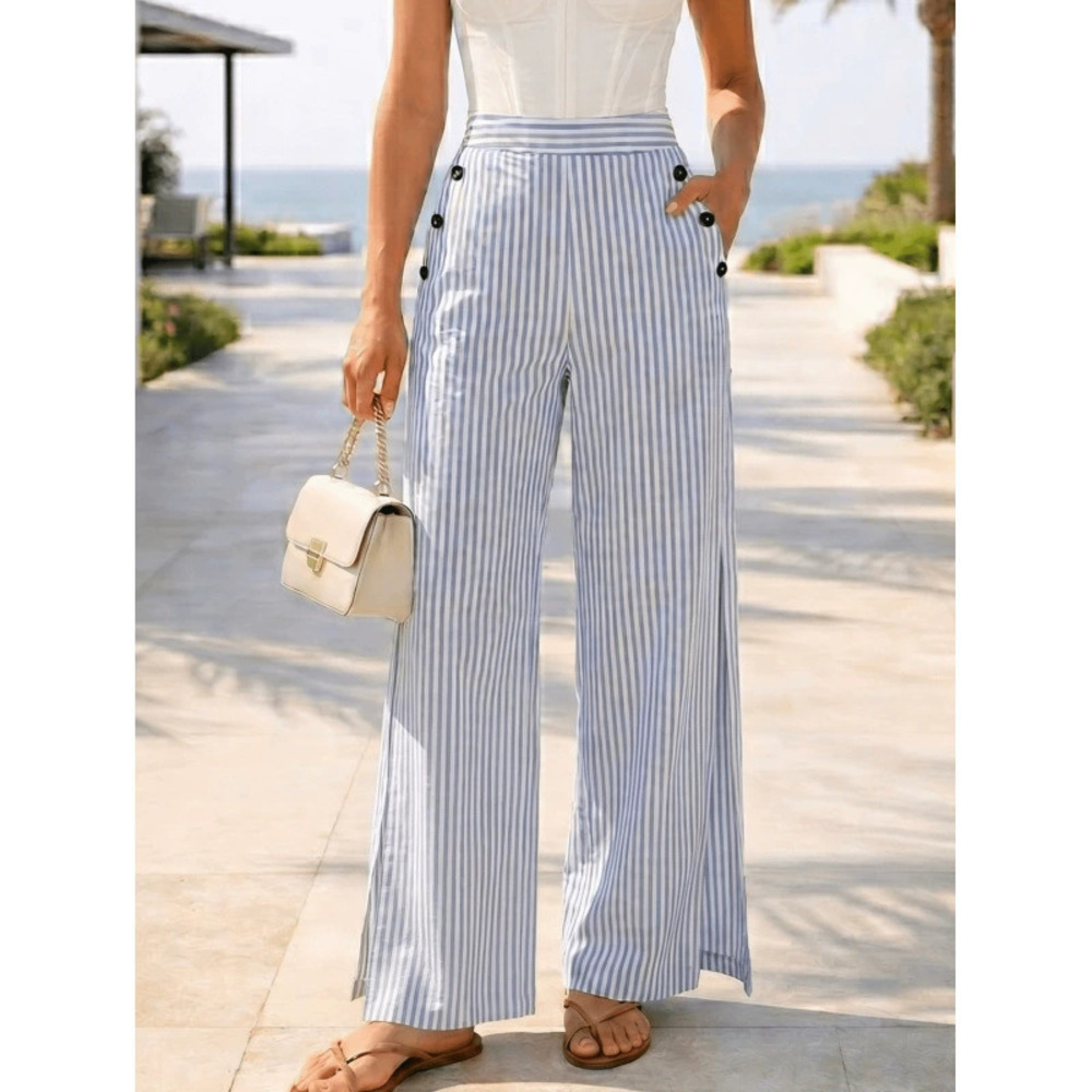 ZARA High Waist Striped Wide Leg Button Detail Draped Straight Casual Pants